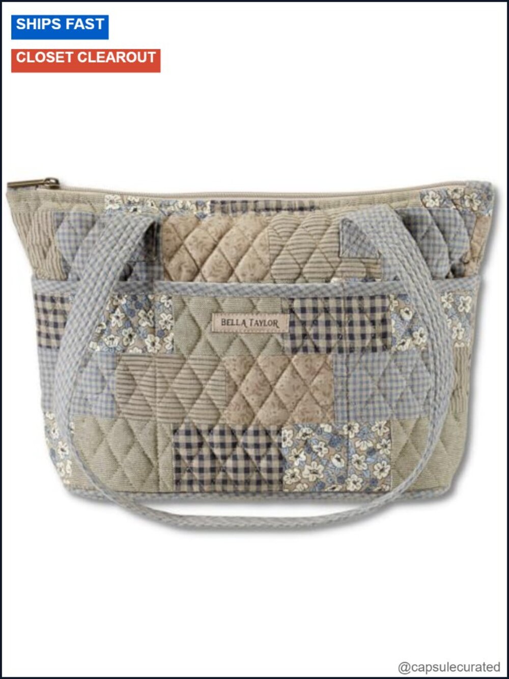 Small Quilted Tote, Lightweight Fabric Handbag, 10 Pockets, Zip Top, Machine